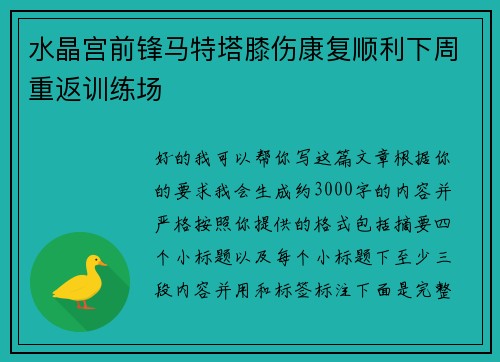水晶宫前锋马特塔膝伤康复顺利下周重返训练场 水晶宫前锋马特塔膝伤康复顺利下周重返训练场